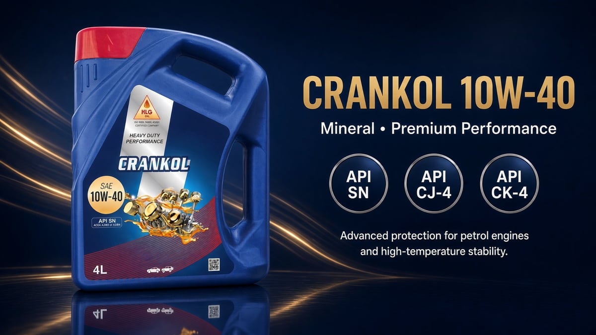 Crankol 10W-40 mineral oil bottle with 4L capacity, featuring API certifications and advanced petrol engine protection