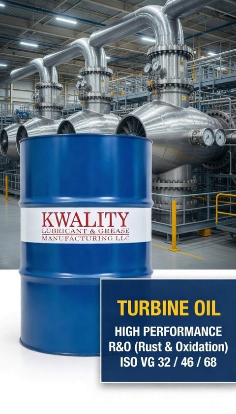 Blue barrel of Kwality Turbine Oil with industrial machinery and piping in background