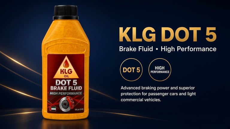 KLG DOT 5 brake fluid bottle with black cap on dark background, labeled High Performance with product specifications